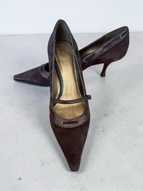 BCBG Pointed-Toe Mary Jane Heels in Dark Brown Suede